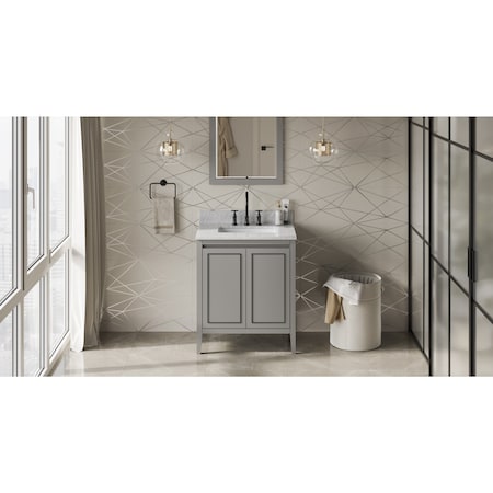 Jeffrey Alexander 30In. Grey Percival Vanity, White Carrara Marble Vanity Top, Undermount Rectangle Bowl VKITPER30GRWCR